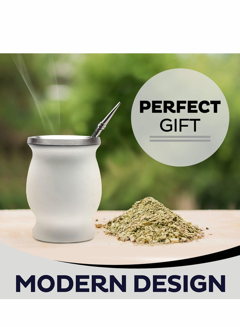 White Yerba Mate Tea Cup, Stainless Steel Double Walled Insulation Cup, with Bombilla Straw, 230 Ml - Image 3