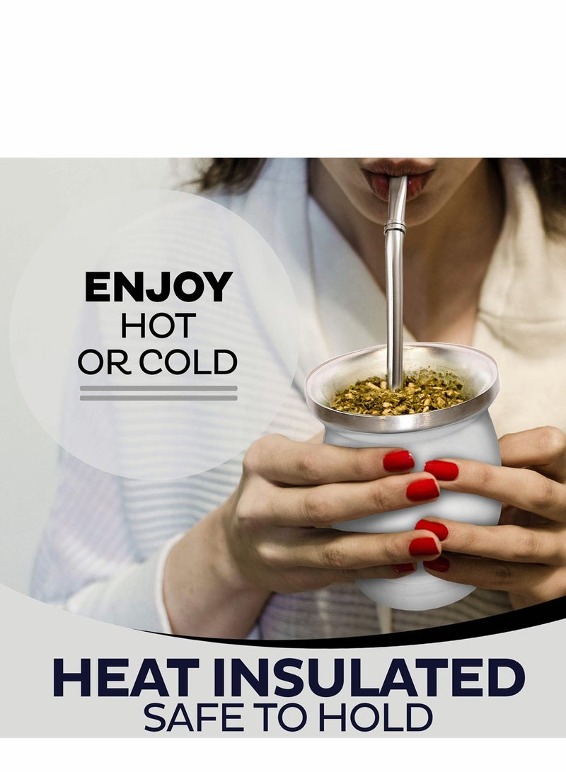 White Yerba Mate Tea Cup, Stainless Steel Double Walled Insulation Cup, with Bombilla Straw, 230 Ml - Image 4