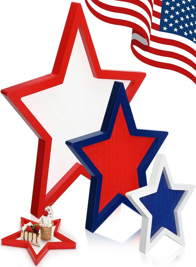 Maxcheck 3 Pcs 4th of July Serving Trays 250th Anniversary Wood Red White and Blue Candy Dish Star USA Decorative Patriotic Dessert Platter Independence Day Party Supplies for Charcuterie Food - Image 1