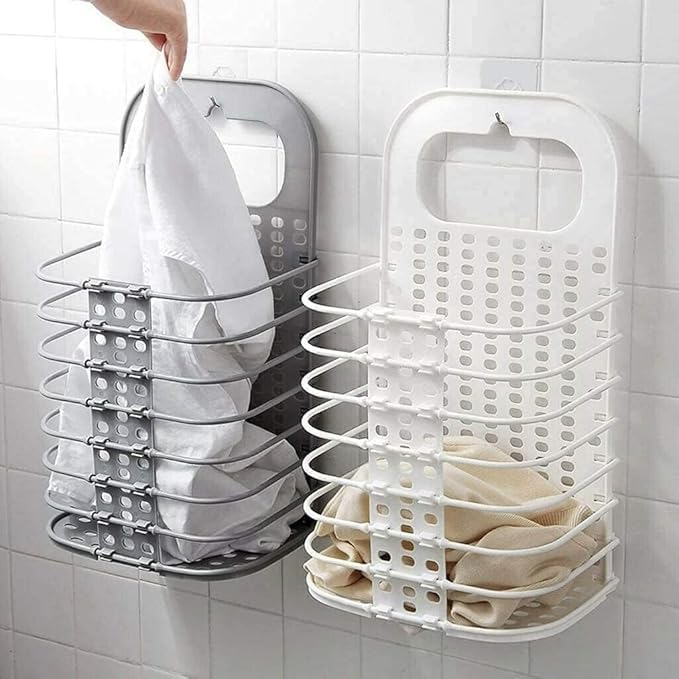 Zyomatiq Wall Mounted Bathroom Hanging Mesh Laundry Basket Toiletry Organization Washing Bin SpaceSaving Foldable Plastic Hamper Bag for Dirty Clothes Pack of 1pcs Multi Color - Image 1