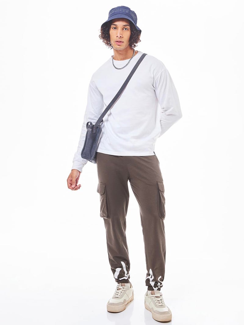 Bewakoof Men's Typography Oversized Fit Cotton Blend Cargo Joggers_584147_Brown_L - Image 5