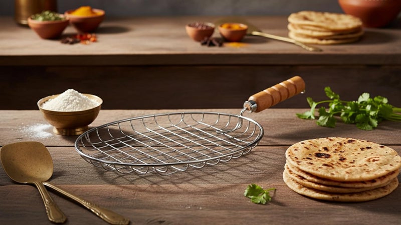 Nohunt Phulka Grill Roaster for Gas Stove, Grill Tawa Jali for Kitchen Cooking, Roti Basket Pulka Pan Roaster Grill with Wood Handle, Papad Jali, Jali Brinjal Roaster (Heavy Steel Wire) - Image 2