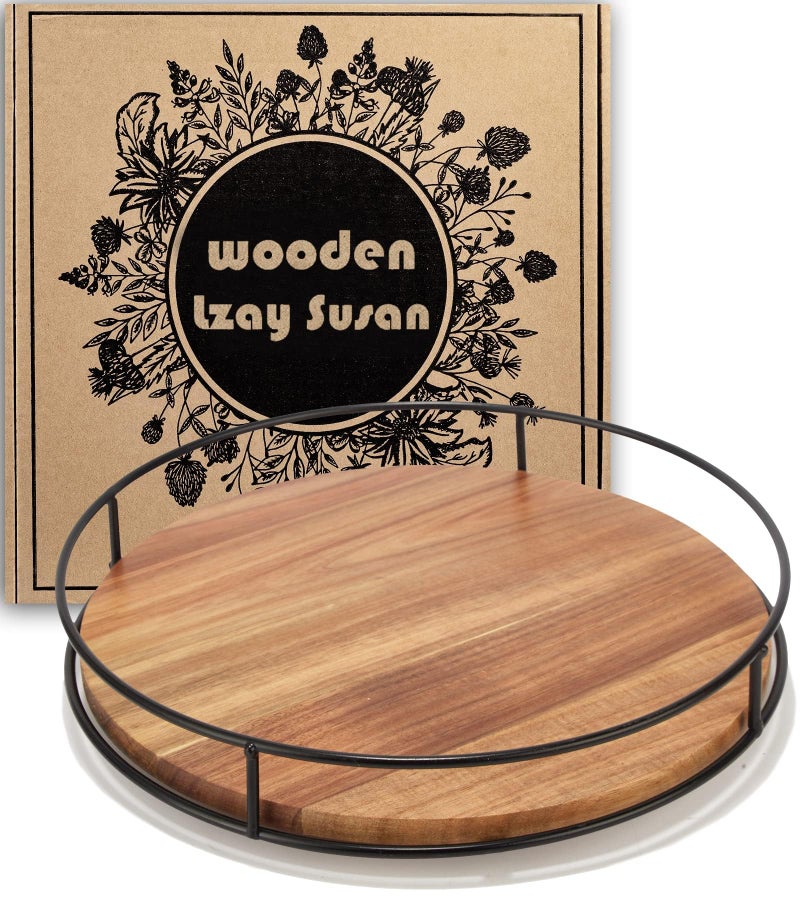 Tomoaza 12 Acacia Wood Lazy Susan Turntable Tomoaza Kitchen Organizer Turntable with Steel Sides 360 Degree Lazy Susan for Countertop Cabinet or Dining TableBlack 