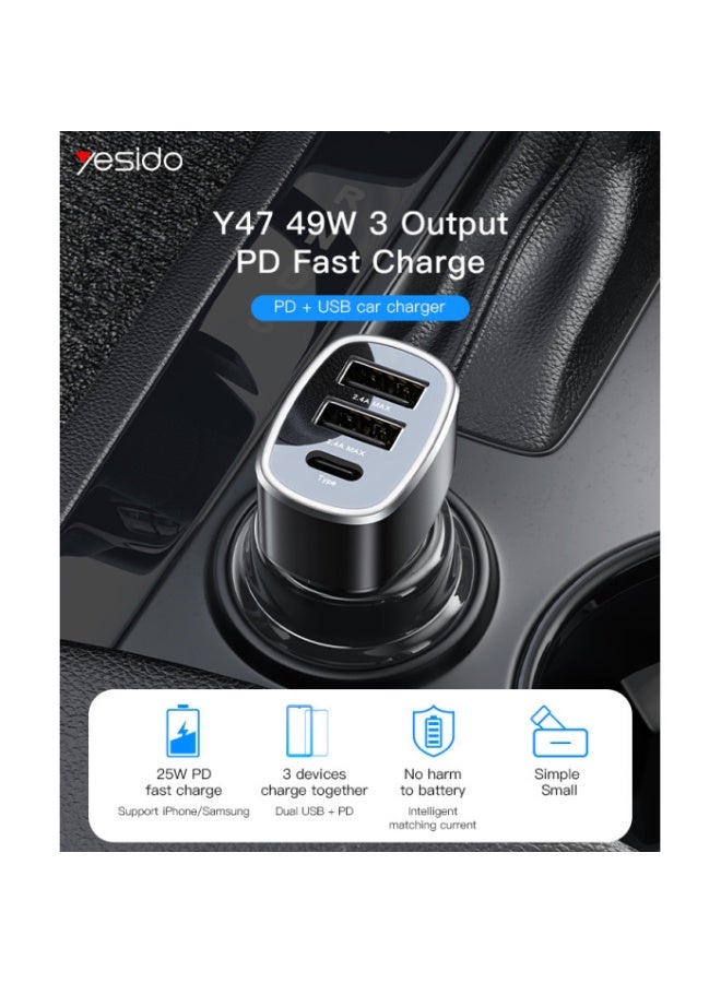 Yesido Car Charger – Yesido 49W PD Fast Charger with Dual USB & Type-C, 3-Port Car Adapter for iPhone & Samsung - Image 1