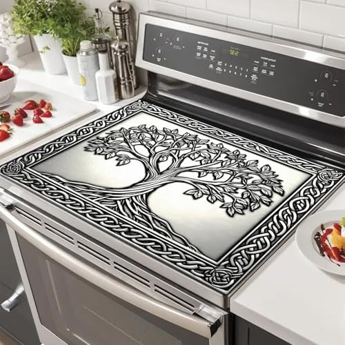 HOMETITUTE Tree of Life Stove Top Cover for Electric Stove Silver Embossed Celtic Design Dish Drying Mat 28x20 Inch Decorative Kitchen Protector Fit Under Coffee Maker - Image 1