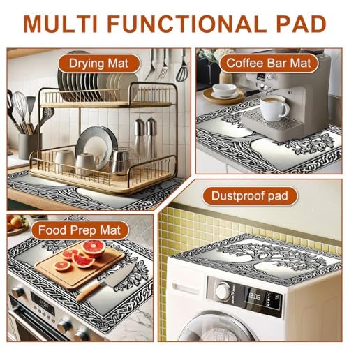 HOMETITUTE Tree of Life Stove Top Cover for Electric Stove Silver Embossed Celtic Design Dish Drying Mat 28x20 Inch Decorative Kitchen Protector Fit Under Coffee Maker - Image 3