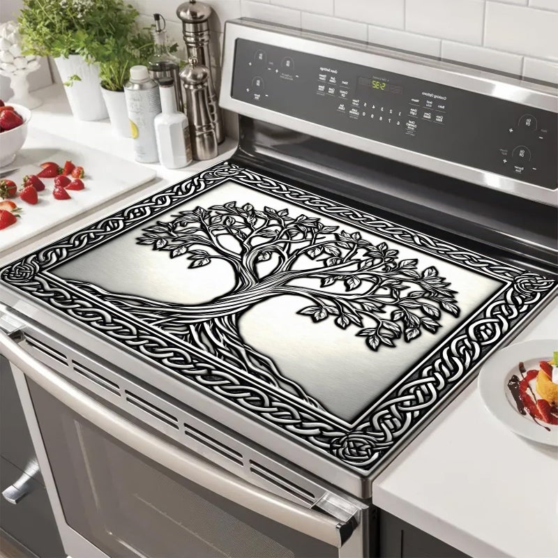 HOMETITUTE Tree of Life Stove Top Cover for Electric Stove Silver Embossed Celtic Design Dish Drying Mat 28x20 Inch Decorative Kitchen Protector Fit Under Coffee Maker - Image 2