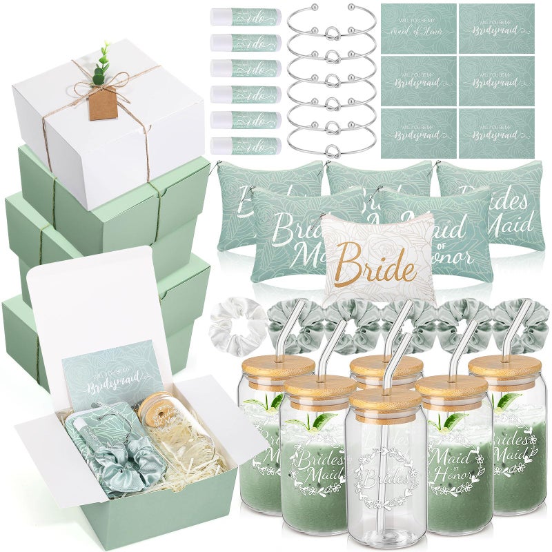 FillTouch 54 Pcs Bridesmaid Proposal Gifts Will You Be My Bridesmaid Maid of Honor Bride Gifts Include Gift Box Makeup Bag Invited Card Glass Cup Lip Balm Scrunchie Knotted BraceletGreen White - Image 2