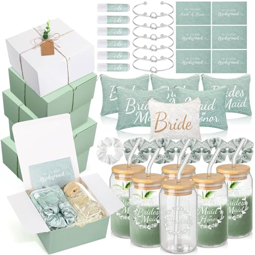 FillTouch 54 Pcs Bridesmaid Proposal Gifts Will You Be My Bridesmaid Maid of Honor Bride Gifts Include Gift Box Makeup Bag Invited Card Glass Cup Lip Balm Scrunchie Knotted BraceletGreen White - Image 1