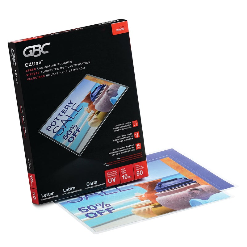 GBC Laminating Sheets, Thermal Laminating Pouches, Letter Size, 10 Mil, Speed Format, EZUse, 50 Pack (3200599)