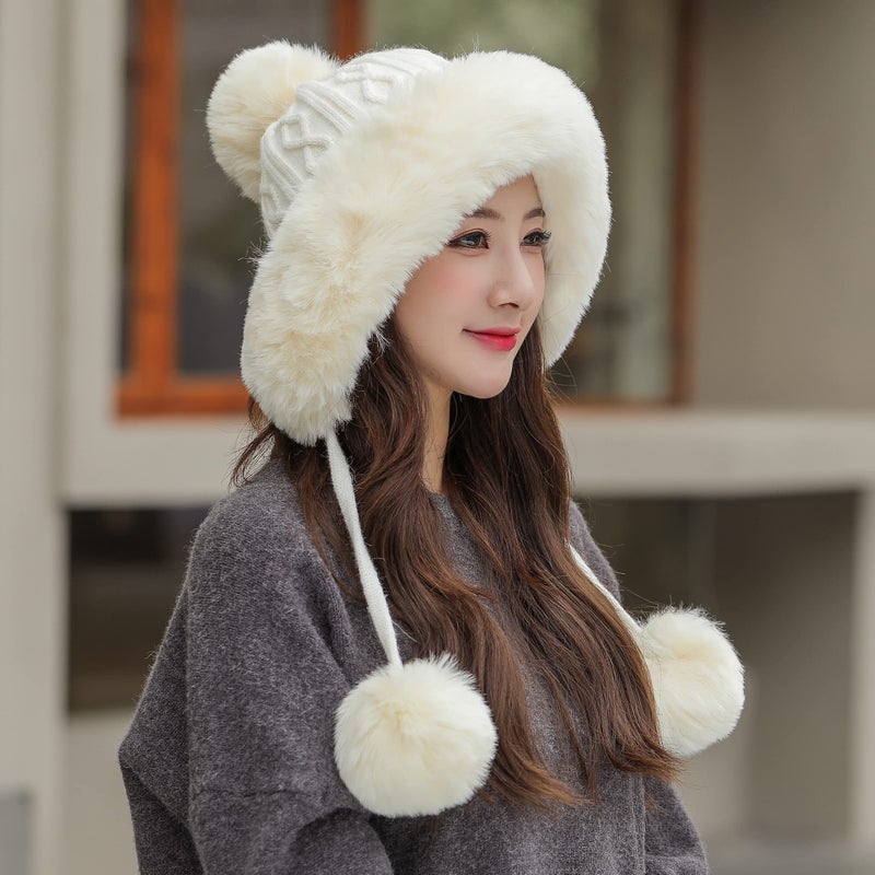 HUAMULAN Women Winter Beanie Hat Earflap Peruvian Warm Slouchy Fleece Lined 3 Pom Poms Knit Cap Cute Sherpa Fluffy Ski Hats - Image 4