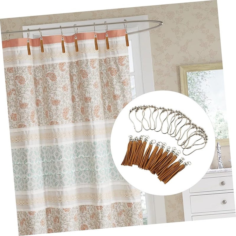 Brown Tassel Shower Curtain Hooks Rings 12Pcs Smooth Finish Easy Glide Bathroom Rods - Image 5