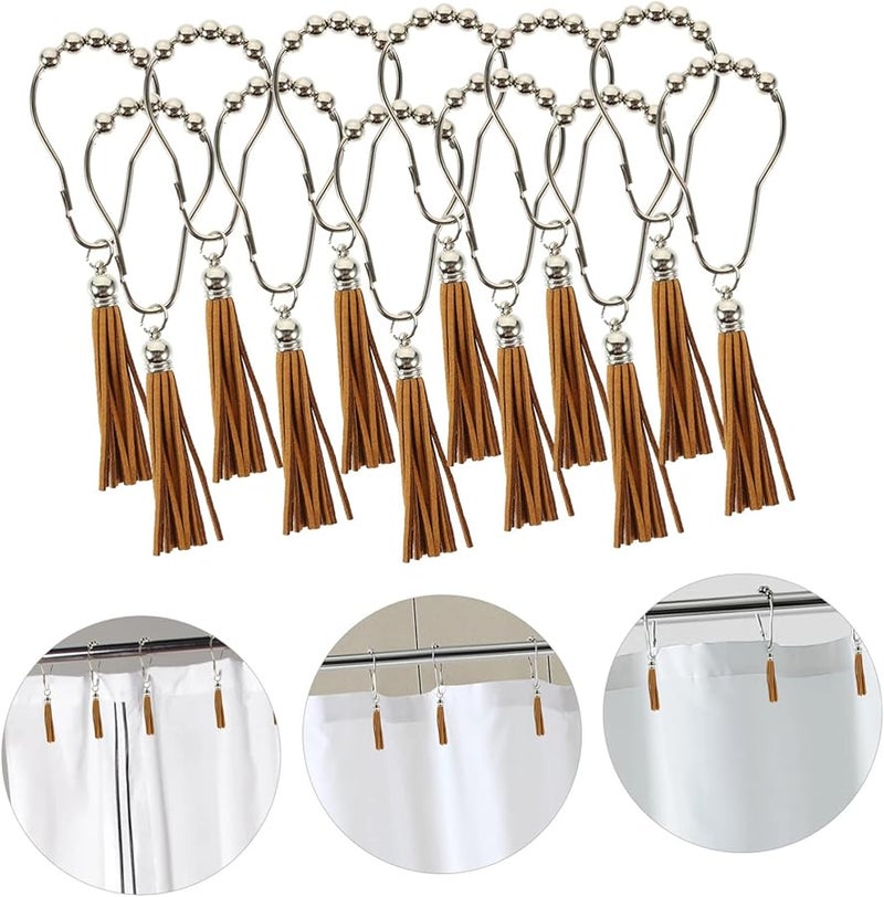 Brown Tassel Shower Curtain Hooks Rings 12Pcs Smooth Finish Easy Glide Bathroom Rods - Image 4