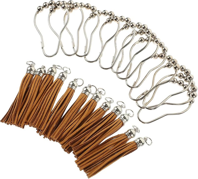 Brown Tassel Shower Curtain Hooks Rings 12Pcs Smooth Finish Easy Glide Bathroom Rods - Image 1