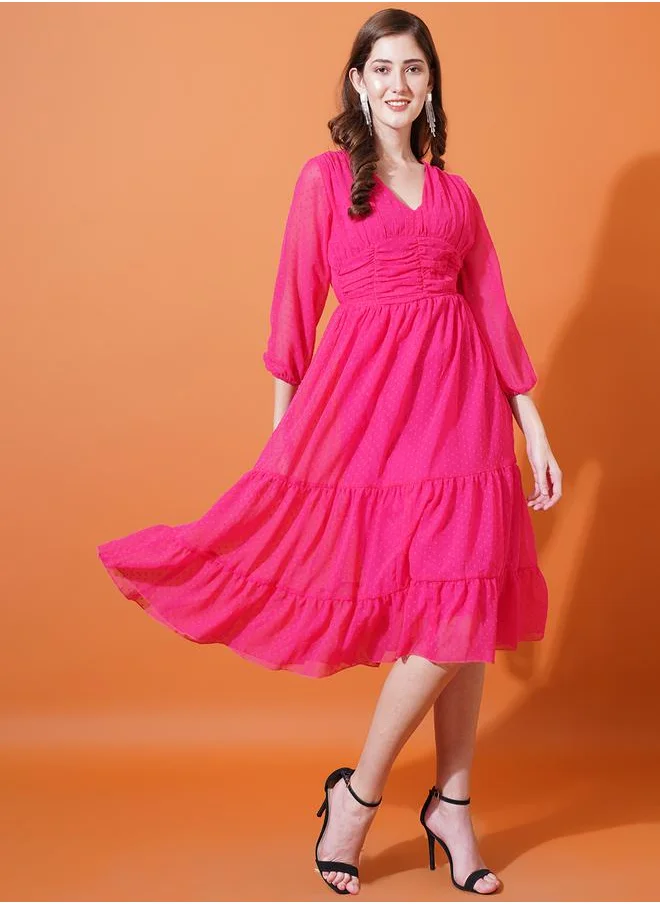 U&F Dobby V Neck Tiered Midi Dress by Styli