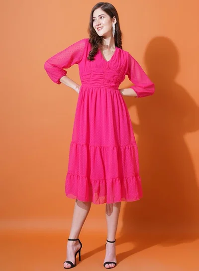 U&F Dobby V Neck Tiered Midi Dress
