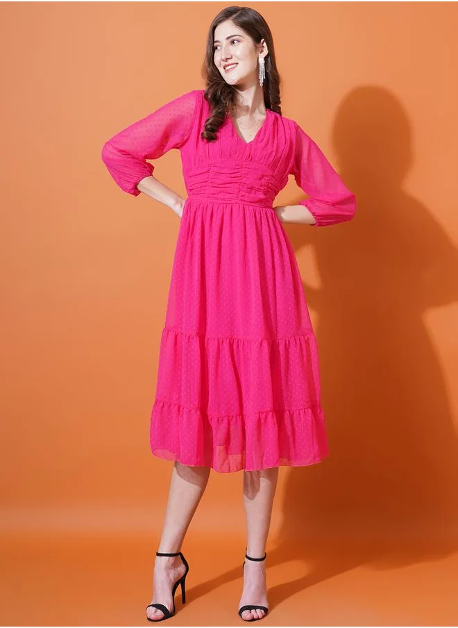 U&F Dobby V Neck Tiered Midi Dress by Styli