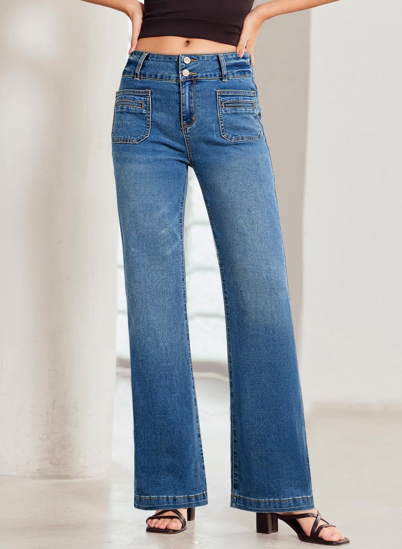 Sidefeel Women's Wide Leg Jeans Hight Waisted Tummy Control Straight Leg Flare Trendy Denim Pants Dark Blue Size 8 - Image 4