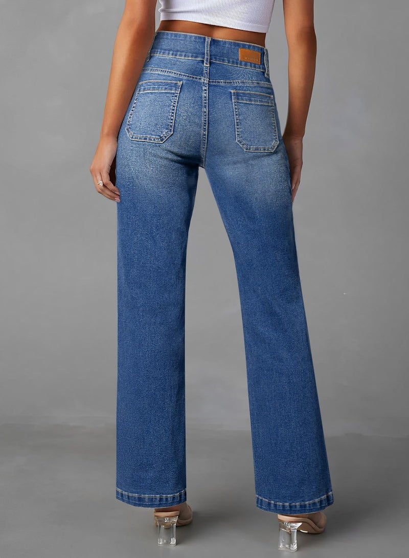 Sidefeel Women's Wide Leg Jeans Hight Waisted Tummy Control Straight Leg Flare Trendy Denim Pants Dark Blue Size 8 - Image 2