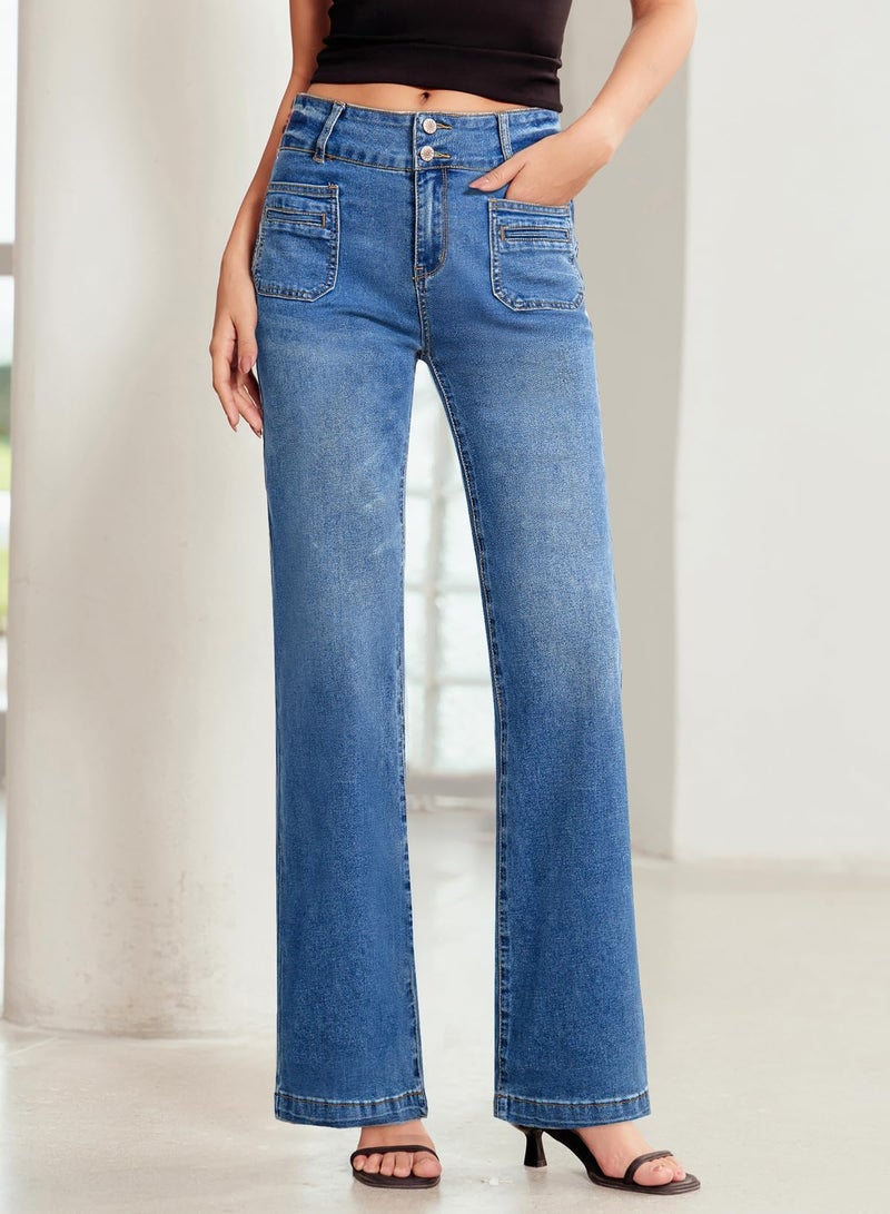 Sidefeel Women's Wide Leg Jeans Hight Waisted Tummy Control Straight Leg Flare Trendy Denim Pants Dark Blue Size 8 - Image 5