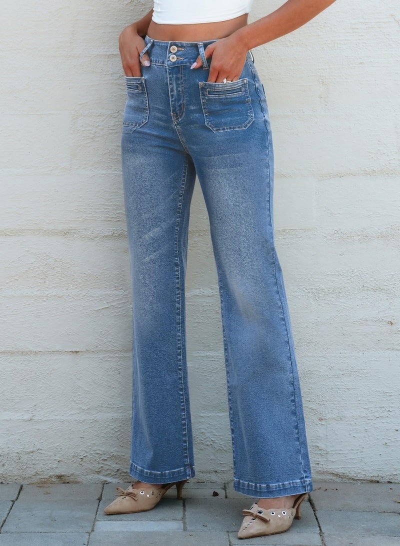 Sidefeel Women's Wide Leg Jeans Hight Waisted Tummy Control Straight Leg Flare Trendy Denim Pants Dark Blue Size 8 - Image 3