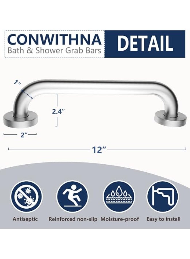 12 Inch Silver Satin Brushed Nickel Shower Grab Bar Stainless Steel Safety Hand Rail Support for Showers Elderly Injury Senior Bath Assist Handle Home Care Bath Handrail Wall-Mount Handle One Pack - Image 2