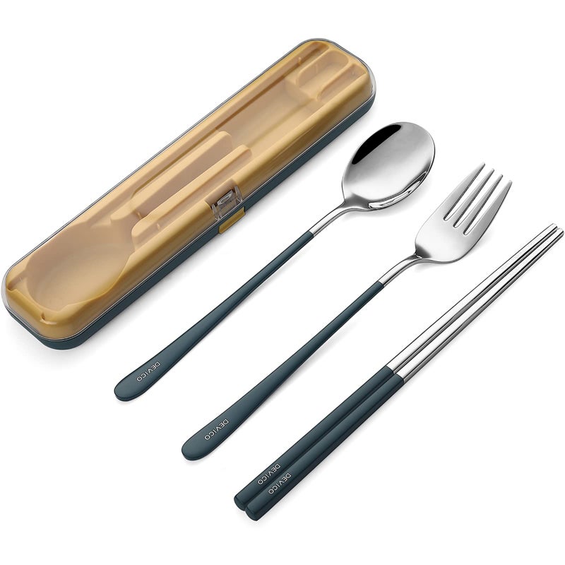 DEVICO Portable Utensils Travel Reusable Silverware Flatware Set for Lunch 188 Stainless Steel 4Piece Camping Cutlery Include Fork Spoon Chopsticks with Case Blue