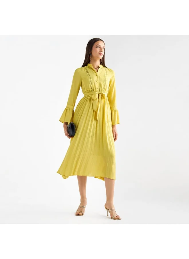 FAV Pleated Mandarin Collar Dress with Bell Sleeves and Tie-Up Belt