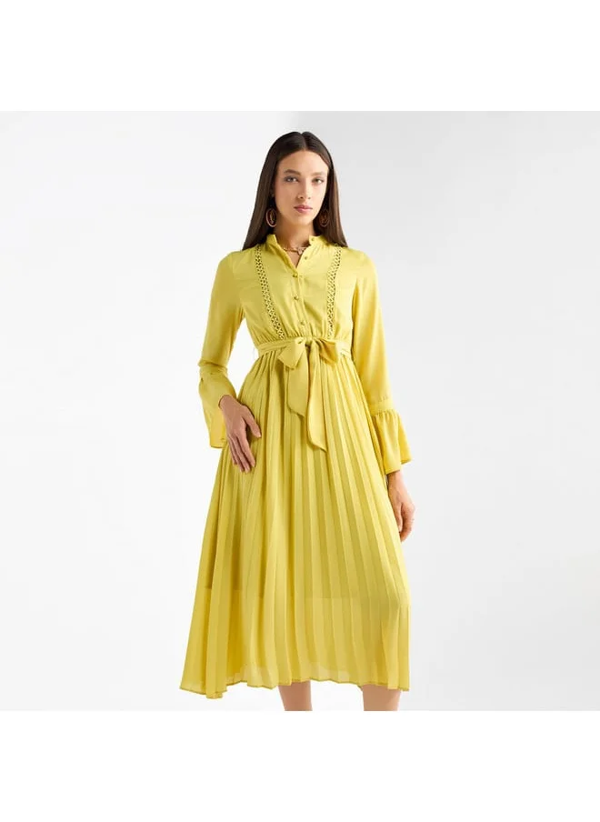 FAV Pleated Mandarin Collar Dress with Bell Sleeves and Tie-Up Belt