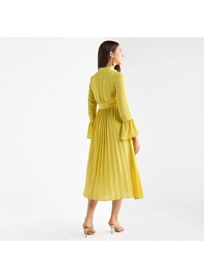Splash FAV Pleated Mandarin Collar Dress with Bell Sleeves and Tie-Up Belt