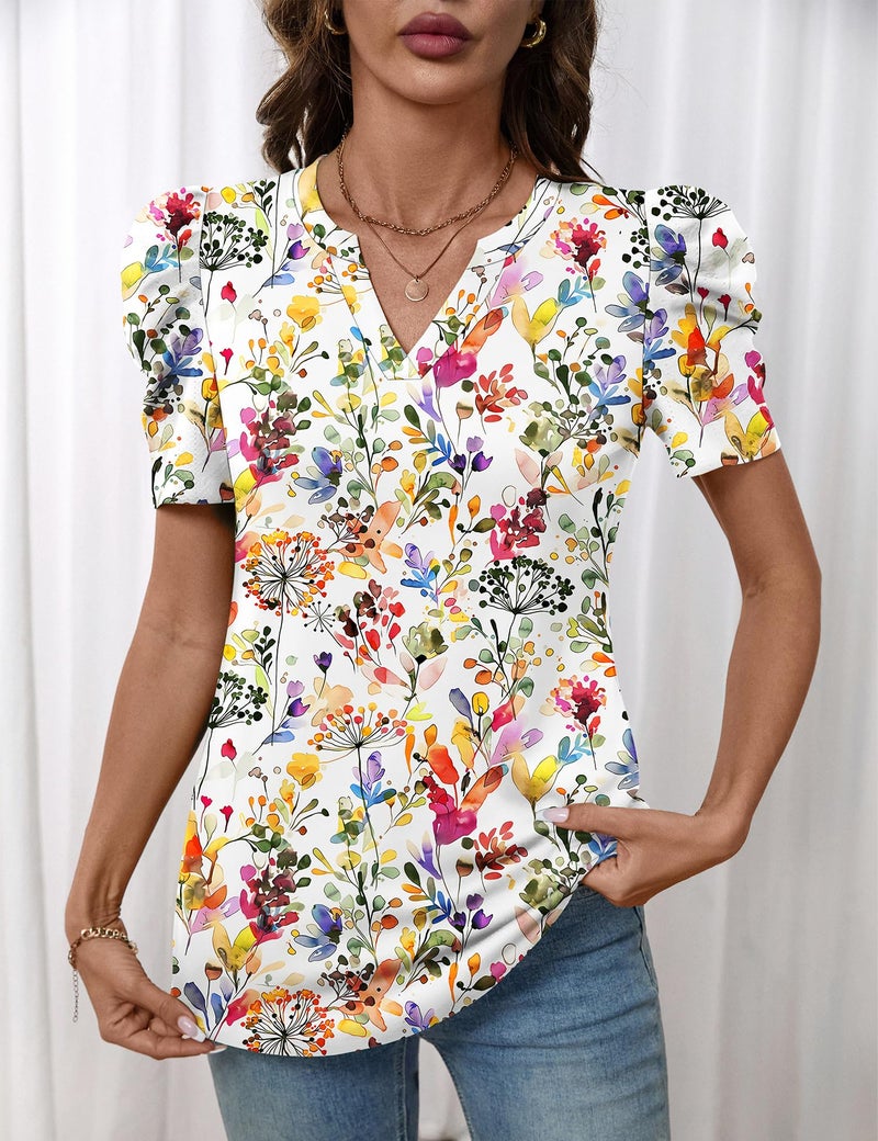 LOMON Short Sleeve Tops for Women Spring Summer Shirts for Women 2026 Womens Petite Tops Blouses Dressy Casual White Floral XL - Image 5