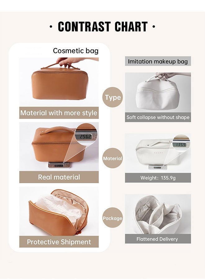 Coffee Brown Travel Makeup Bag - Large Capacity Waterproof Toiletry Organizer, Open Flat Design with Dividers & Handle - Image 4