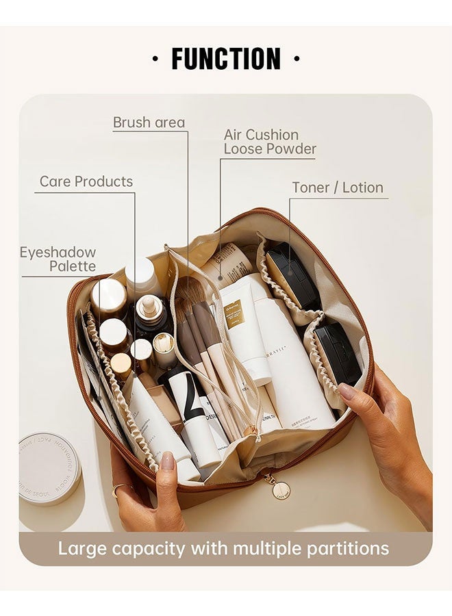 Coffee Brown Travel Makeup Bag - Large Capacity Waterproof Toiletry Organizer, Open Flat Design with Dividers & Handle - Image 2
