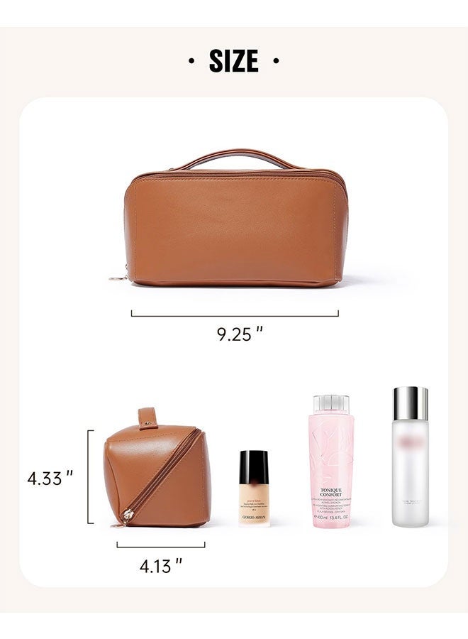 Coffee Brown Travel Makeup Bag - Large Capacity Waterproof Toiletry Organizer, Open Flat Design with Dividers & Handle - Image 5