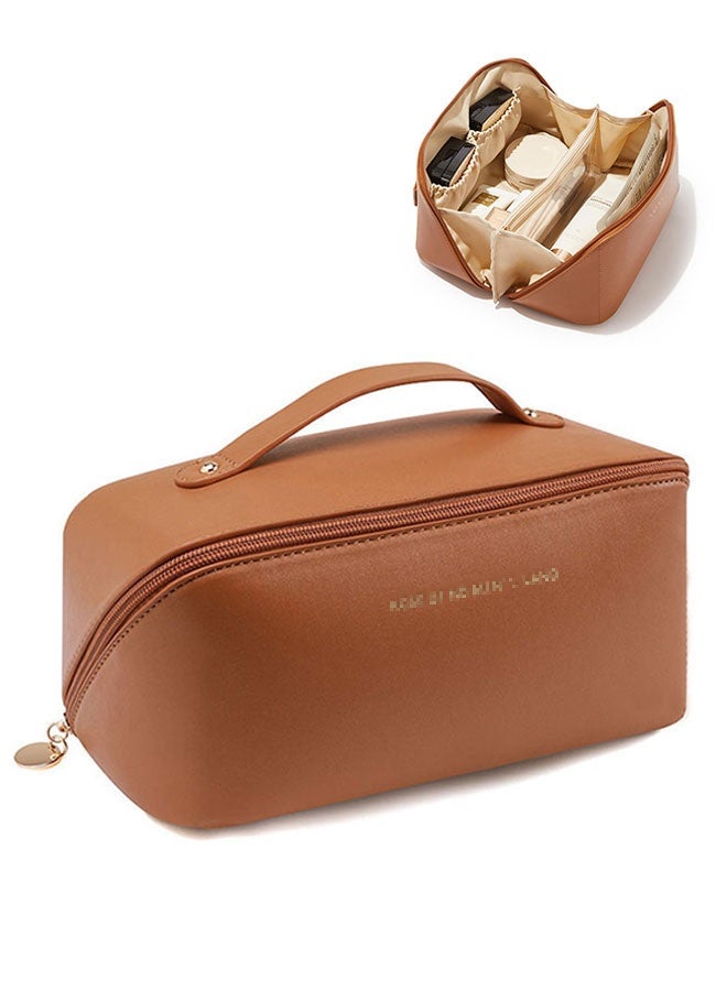 Coffee Brown Travel Makeup Bag - Large Capacity Waterproof Toiletry Organizer, Open Flat Design with Dividers & Handle - Image 1