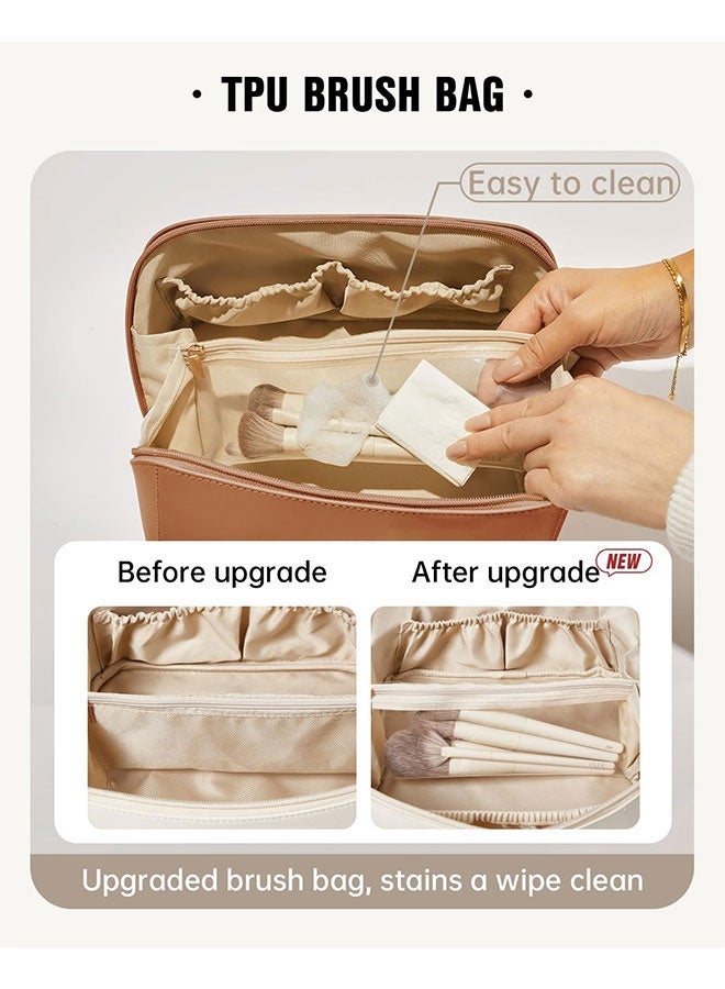 Coffee Brown Travel Makeup Bag - Large Capacity Waterproof Toiletry Organizer, Open Flat Design with Dividers & Handle - Image 3