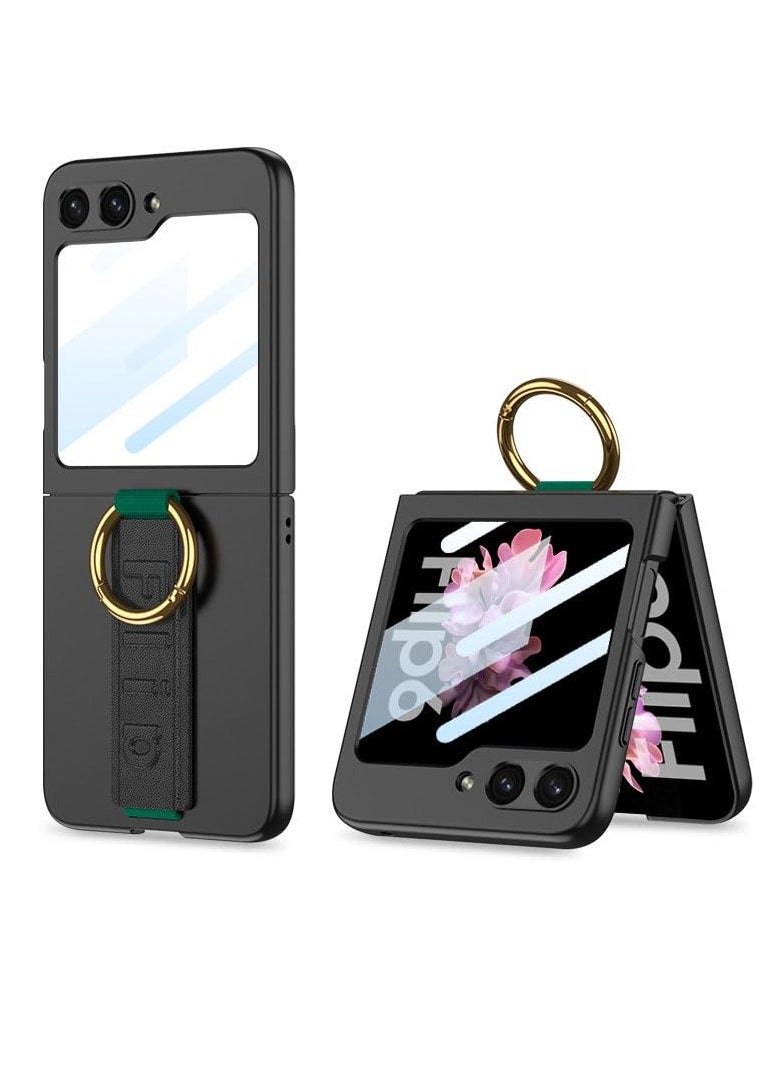 Aookay Case for Samsung Galaxy Z Flip 6 Case with Screen Protector & Strap,Shockproof Hard Cover Camera Protective Ring Case for Samsung Z Flip 6 Case with Wrist Strap (Black)  - Image 1