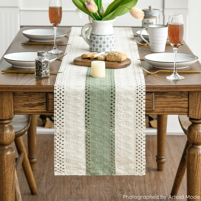 Artoid Mode Light Green Farmhouse Rustic Table Runner, Seasonal Holiday Hollow Kitchen Dining Table Decoration for Home Party Decor 12x72 Inch - Image 2