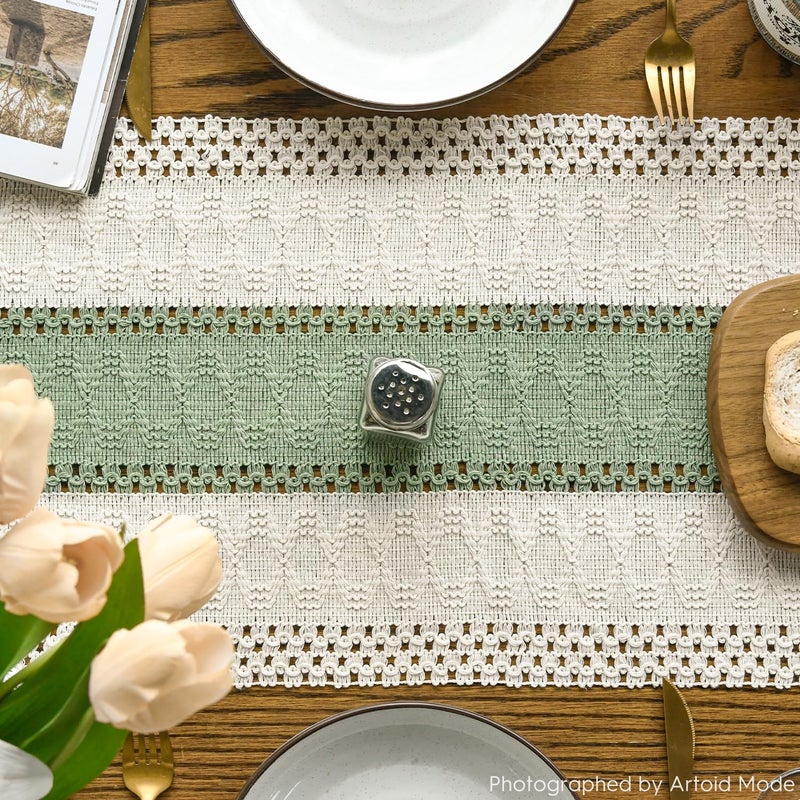 Artoid Mode Light Green Farmhouse Rustic Table Runner, Seasonal Holiday Hollow Kitchen Dining Table Decoration for Home Party Decor 12x72 Inch - Image 3