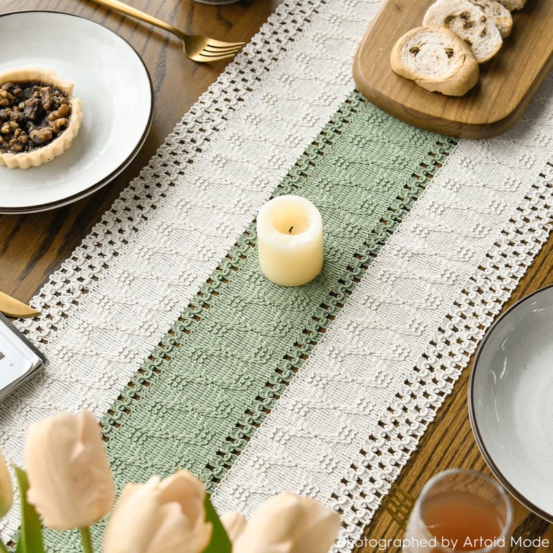 Artoid Mode Light Green Farmhouse Rustic Table Runner, Seasonal Holiday Hollow Kitchen Dining Table Decoration for Home Party Decor 12x72 Inch - Image 4