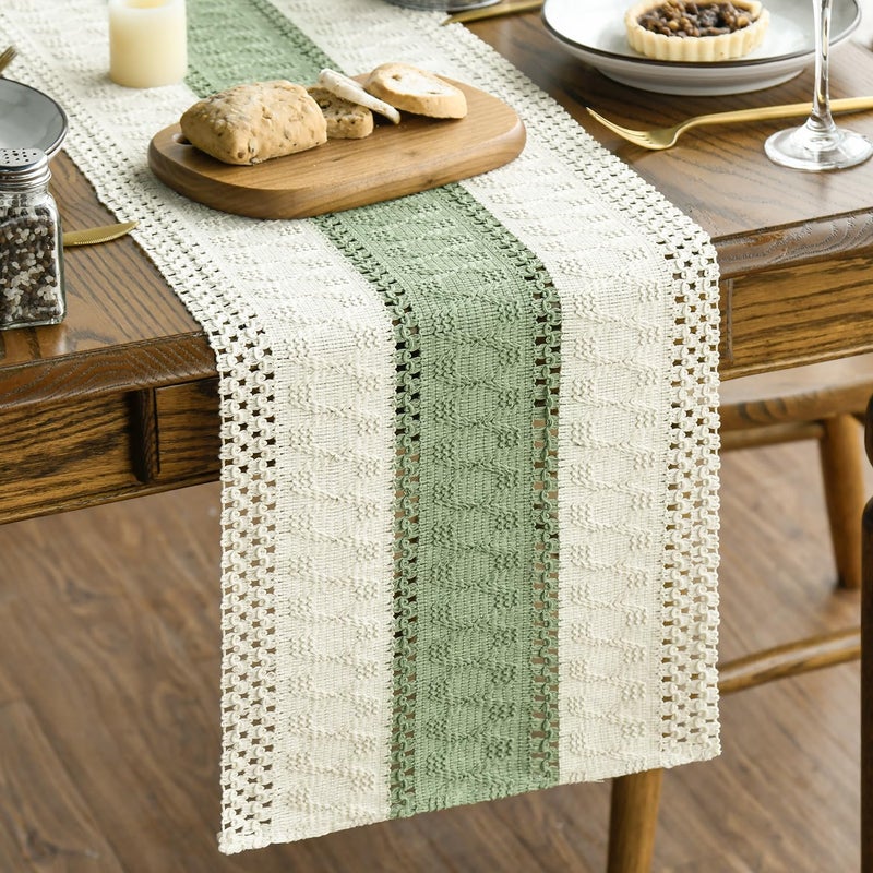 Artoid Mode Light Green Farmhouse Rustic Table Runner, Seasonal Holiday Hollow Kitchen Dining Table Decoration for Home Party Decor 12x72 Inch - Image 1
