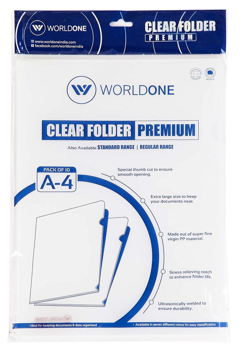 WORLDONE Clear L Folder, Made of fine Virgin 170 Micron, Ideal for Keeping documents & Data Organised, Color Transparent Natural White, Size A4, Pack of 3 (3 * 10= 30 Pieces) - Image 1