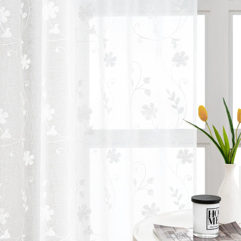 HOMEIDEAS HOMEIDEAS White Sheer Curtains 63 Inch Length 2 Panels White Embroidered Floral Sheer Pattern Curtains Semi Sheer Window Curtains for Bedroom Living Room - Image 1