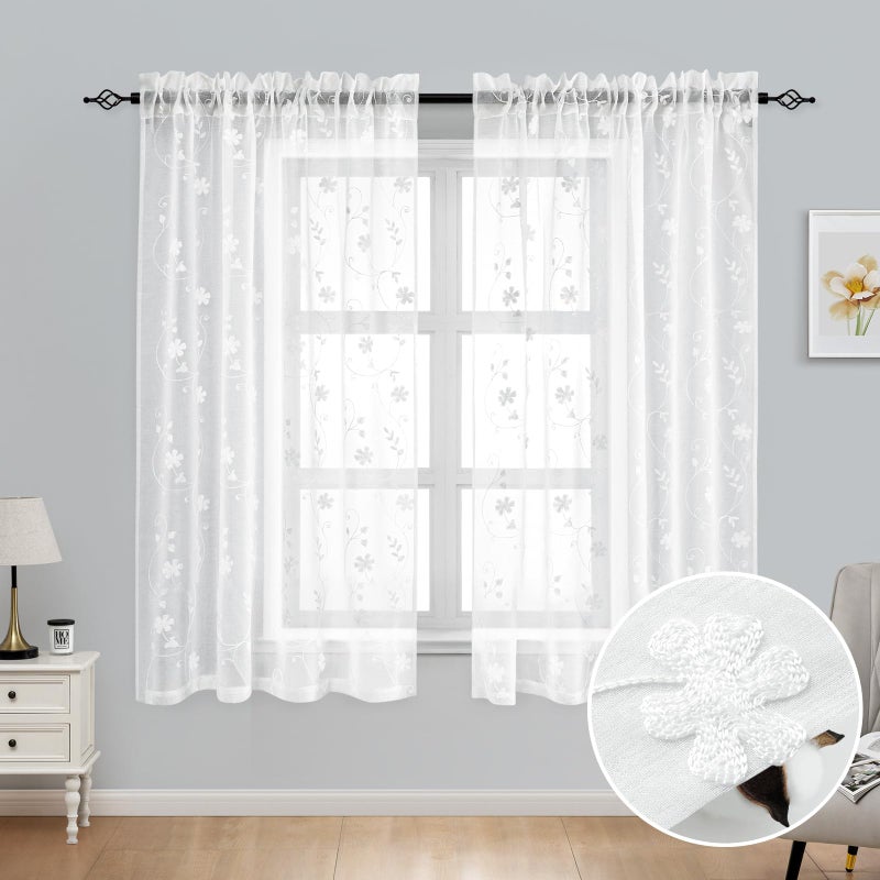 HOMEIDEAS HOMEIDEAS White Sheer Curtains 63 Inch Length 2 Panels White Embroidered Floral Sheer Pattern Curtains Semi Sheer Window Curtains for Bedroom Living Room - Image 2