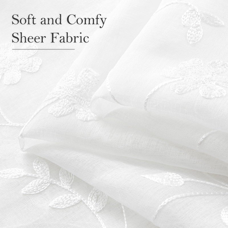 HOMEIDEAS HOMEIDEAS White Sheer Curtains 63 Inch Length 2 Panels White Embroidered Floral Sheer Pattern Curtains Semi Sheer Window Curtains for Bedroom Living Room - Image 4