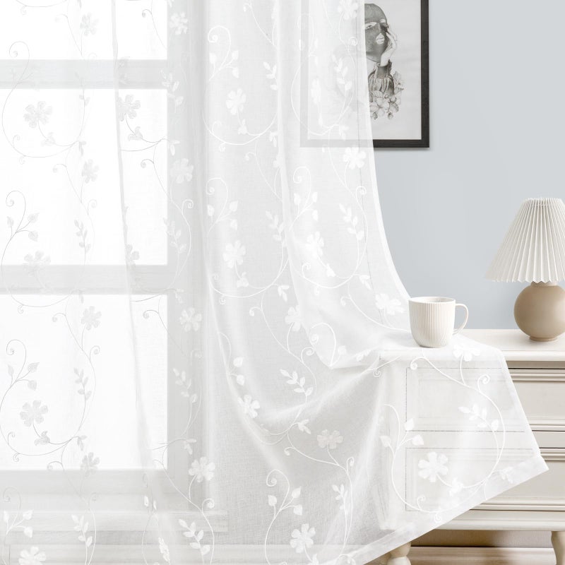 HOMEIDEAS HOMEIDEAS White Sheer Curtains 63 Inch Length 2 Panels White Embroidered Floral Sheer Pattern Curtains Semi Sheer Window Curtains for Bedroom Living Room - Image 5