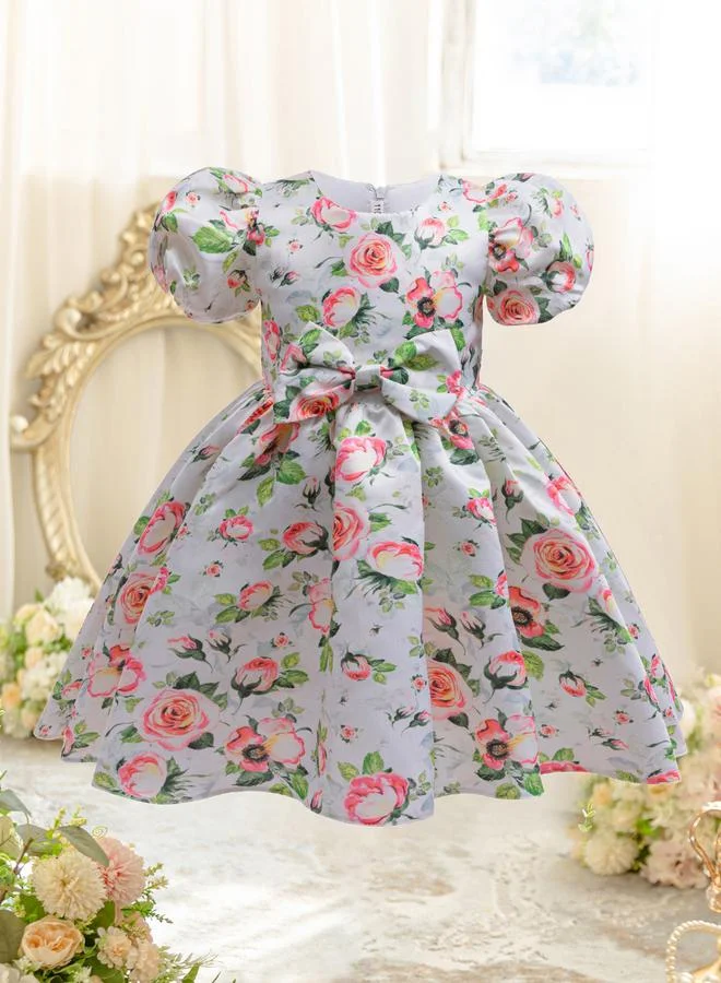 تايك تو Girls Floral Print Puff Sleeve Pleated Dress
