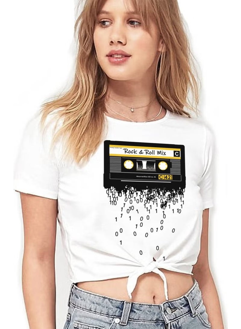 Cassette Tape White Cut Crop Top Tied Women's T-Shirt