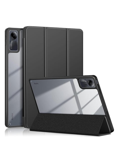 حافظة لجهاز Xiaomi Redmi Pad SE اللوحي مقاس 11 بوصة 2023 مع حامل قلم، ظهر شفاف من البولي كربونات، حافظة واقية بحامل ثلاثي الطي مقاوم للصدمات من مادة TPU مع خاصية التنبيه/النوم التلقائي، أسود