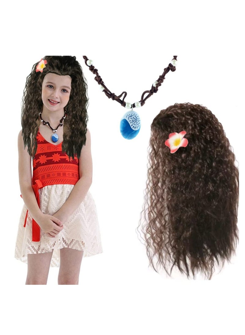 Barakah Gilrs Moana Wig and Necklace Dress up Set Moana Halloween Costume Accessories Party Favors Christmas Gift for Girls - Image 1